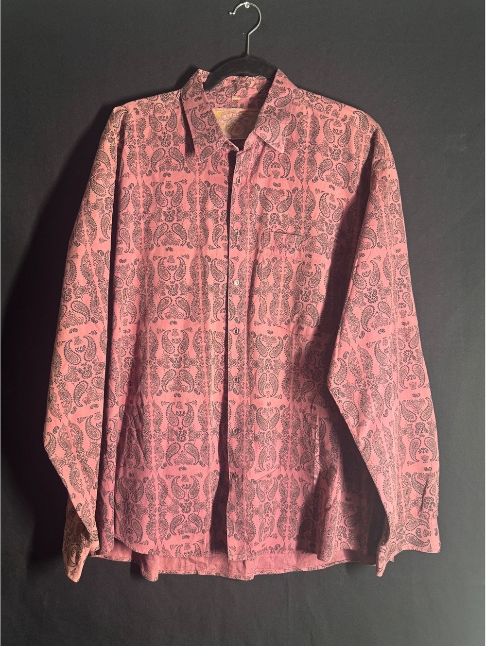 Le Frog Men's Long Sleeve Button-Up Shirt in Pink Paisley Pattern